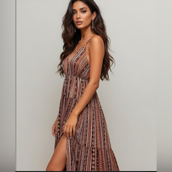 Boho Rust Tribal Print Split Thigh Tie Backless Dress - Picture 4 of 11